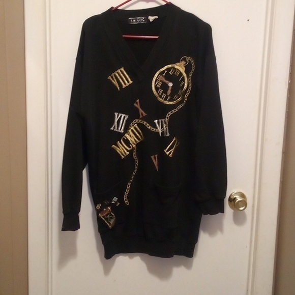 J. Renee Black Embroidery Time Theme Pull Over Sweater With Pockets - Size OS - Picture 1 of 7